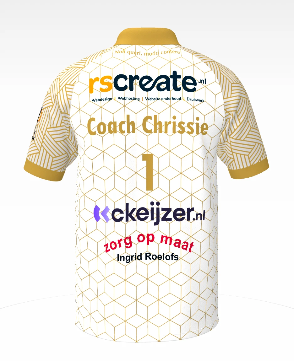 Achterkant van het shirt met sponsors, Coach Chrissie en rugnummer 1