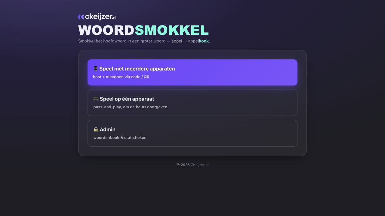 Het startscherm van het woordspel Woordsmokkel